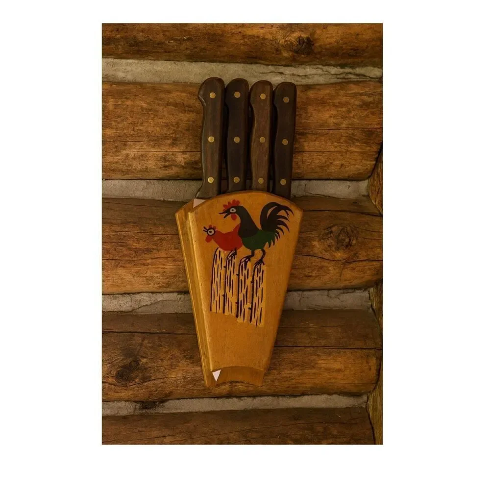 Vintage Midcentury Nevco Rooster painted wooden 5 knife holder.